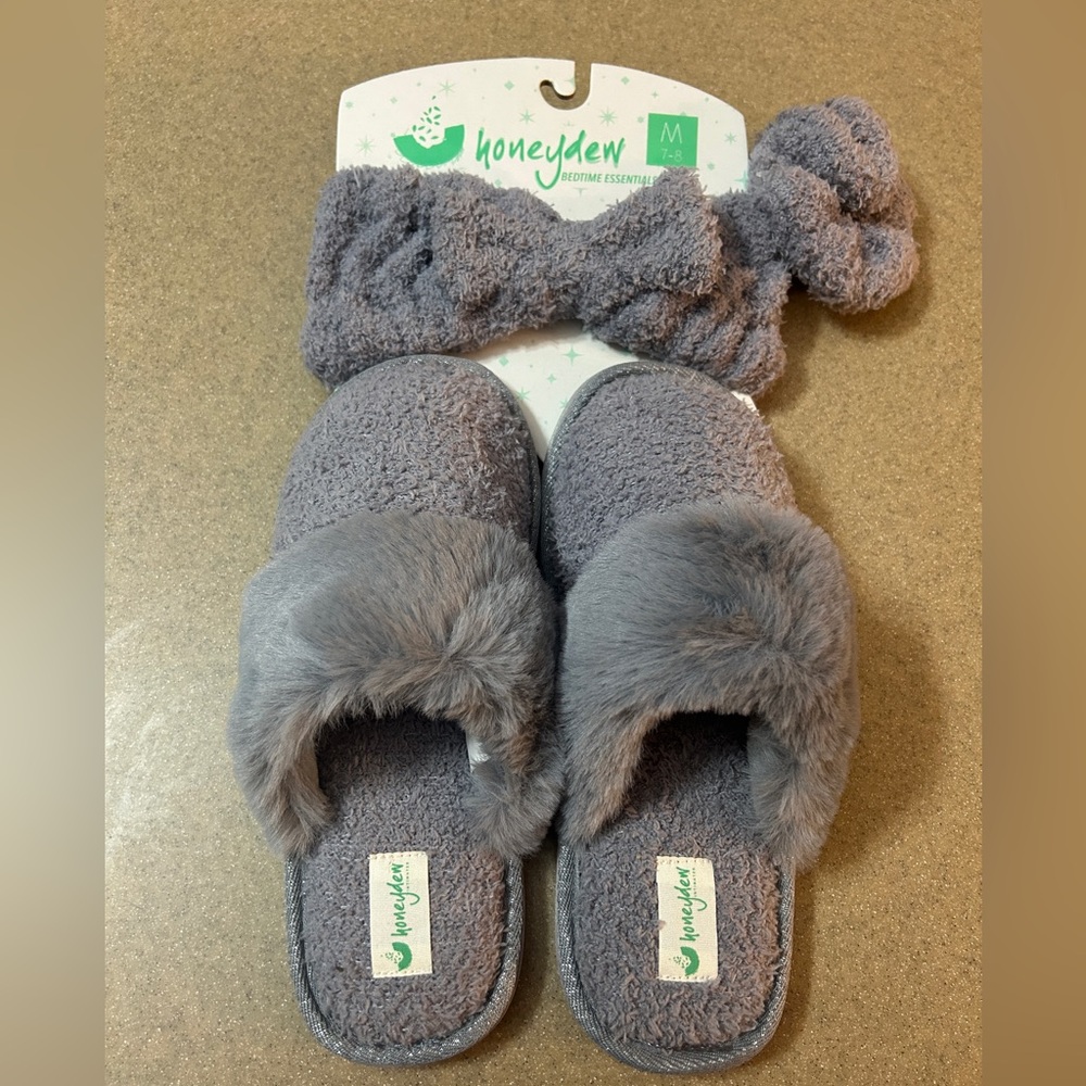Honeydew Slippers Women Size M 7-8 Gray Headband Scrunci 3 Piece Set Bedtime